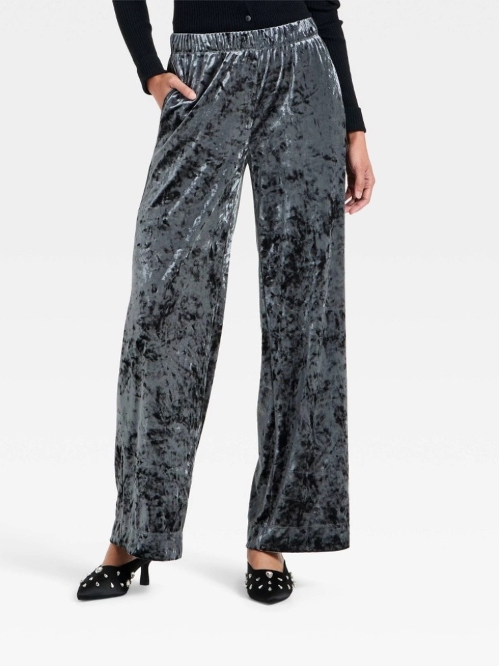 Women's Crushed Velour Pull-on Pants - a New Day™ Black L